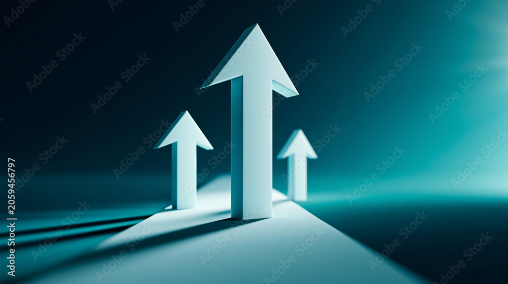 Fototapeta premium Arrow of Progress: Three stylized arrows, symbolizing growth and forward momentum, ascend on a reflective surface under a luminous glow. Capturing the essence of progress and ambition.