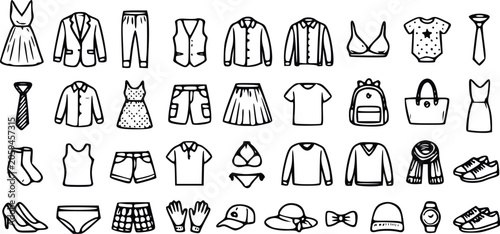 Clothing vector icons set featuring hand drawn apparel accessories shoes and fashion items in a clean black outline style