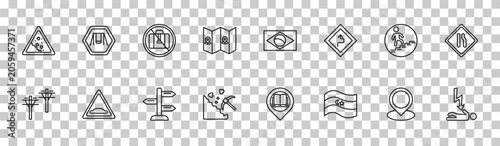 Schilderij op canvas outline maps and flags icons set - land slide, swings, walking up stair, electrocution risk