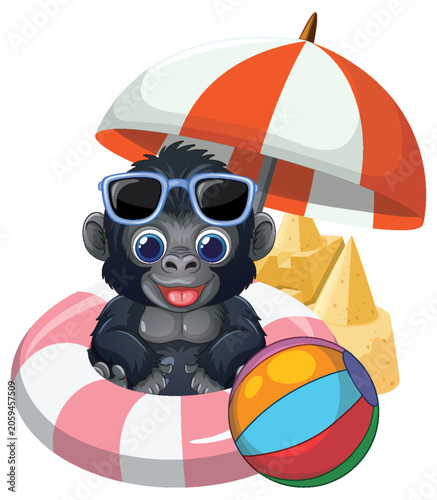 Cartoon Baby Gorilla with Sunglasses and Beach Accessories Vector Illustration