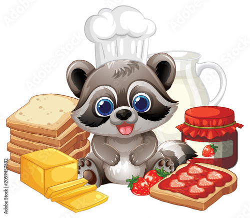 Cartoon Raccoon Chef with Breakfast Bread Jam and Milk