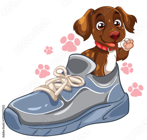 Cute Cartoon Brown Puppy Sitting Inside a Blue Sneaker Shoe