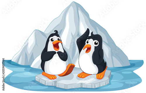 Two Happy Cartoon Penguins Standing on a Floating Iceberg
