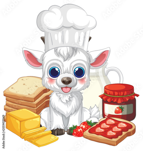 Cartoon Goat Chef with Breakfast Bread Jam and Butter Illustration