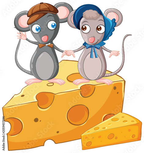 Cartoon Mouse Couple Standing on Large Wedge of Swiss Cheese
