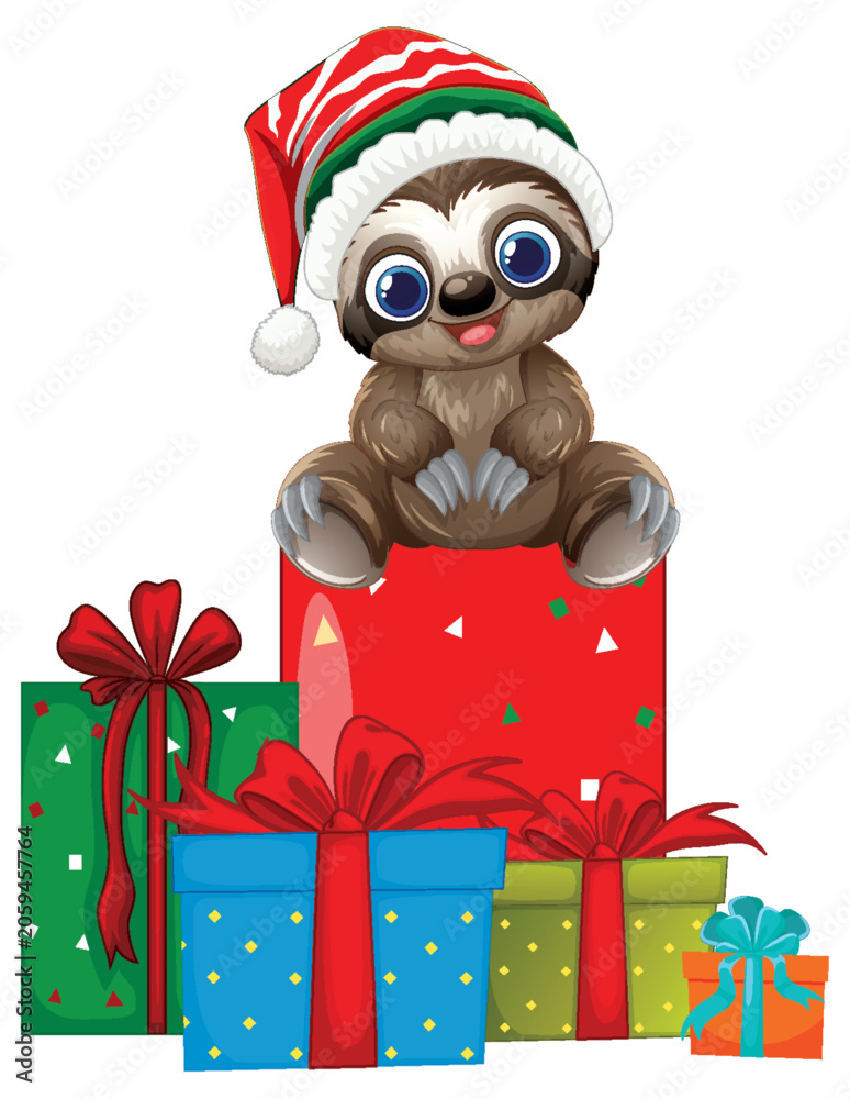 Fototapeta premium Cute Cartoon Sloth Wearing Santa Hat Sitting on Christmas Gifts