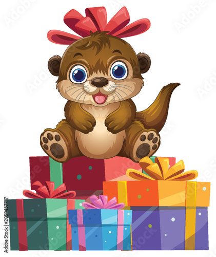 Cute Cartoon Otter Sitting on a Pile of Colorful Gift Boxes