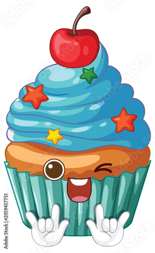 Cute Cartoon Cupcake Character with Blue Frosting and Cherry Topping
