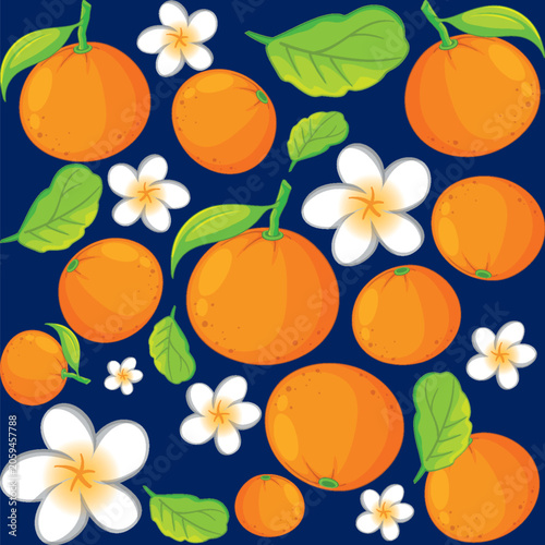 Seamless Vector Pattern of Oranges and White Tropical Flowers on Blue