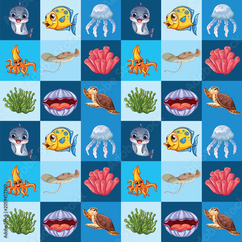 Seamless Cartoon Sea Life Pattern on Blue Checkered Background