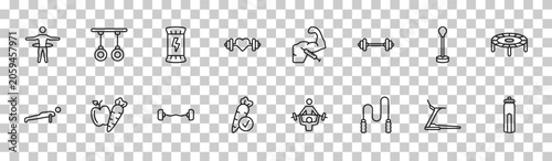 Photos outline gym and fitness icons set - stick man hoop, gymnastic rings, standing punching ball, hydratation