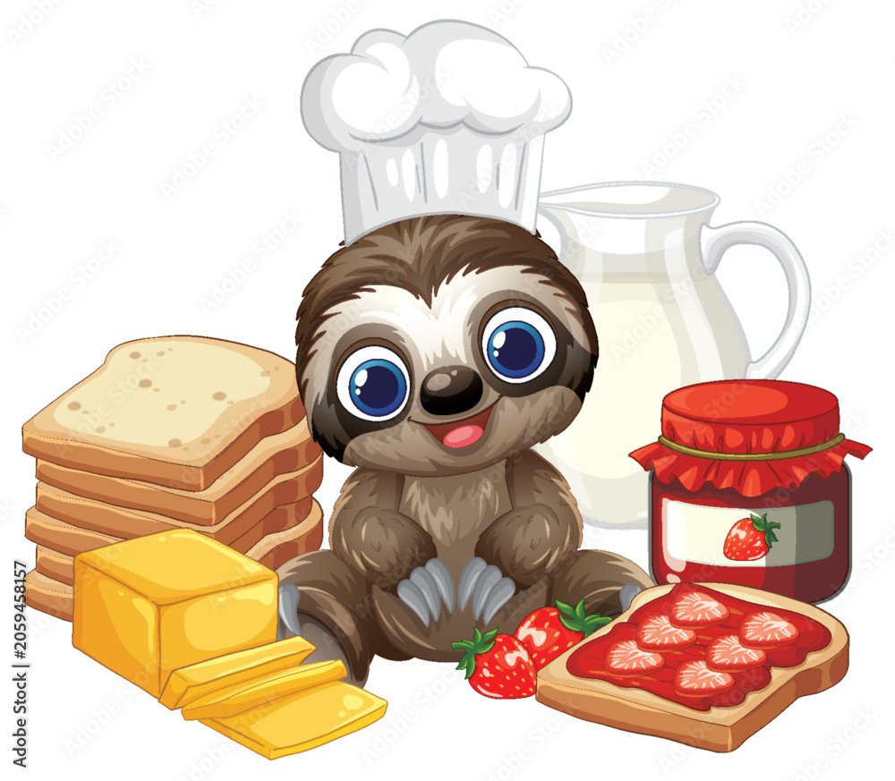 Fototapeta premium Cute Cartoon Sloth Chef with Breakfast Bread Jam and Milk