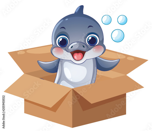 Happy Vector Dolphin Character Sitting Inside an Open Cardboard Box