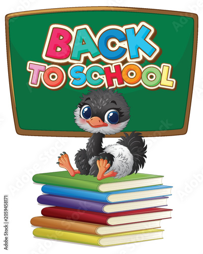 Cute Cartoon Ostrich Chick Sitting on Stack of School Books