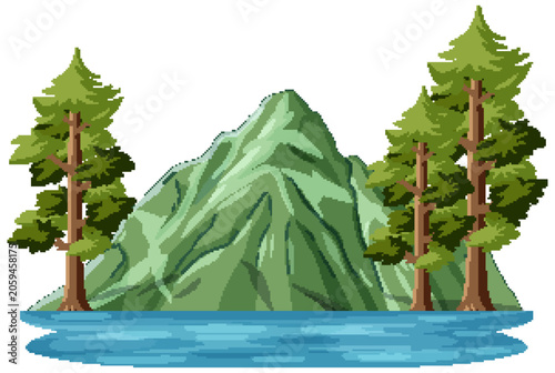 Vector Illustration of a Green Mountain Landscape with Pine Trees and Lake