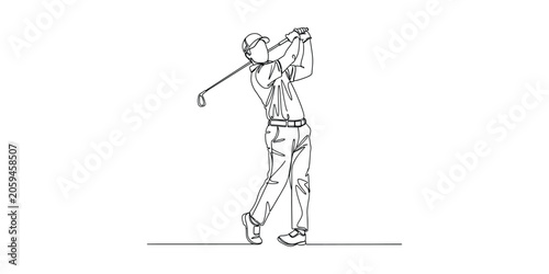 Golfer swinging club, line art illustration