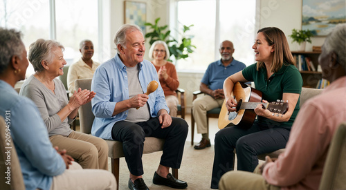 Senior man participating in group music therapy for dementia. Elderly patients in nursing home with therapist playing guitar. Memory stimulation and social engagement concept