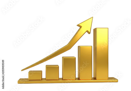Golden bar chart with upward gold arrow isolated on transparent background for luxury business analytics