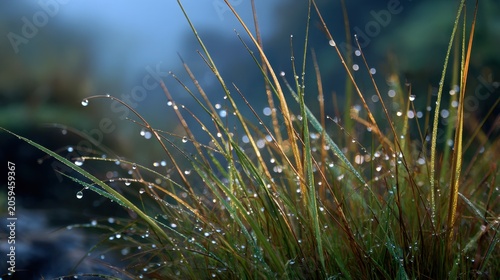 Dew-Drops on Grasses at Dawn Capturing Nature’s Serenity with Soft Morning Light and Vibrant Greenery Within a Misty Natural Landscape