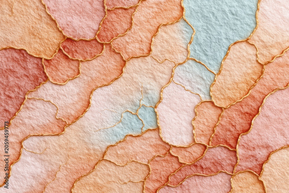 Fototapeta premium Abstract Glittering Texture With Gold Outline Shapes In Pastel Pink And Soft Blue Sparkle Background