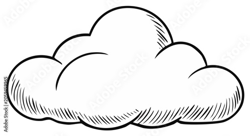 Single fluffy cumulus cloud sketch, shaded with fine lines, isolated in outline style