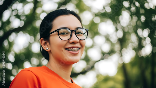 Young Woman with Braces and Glasses Smiling Outdoors.