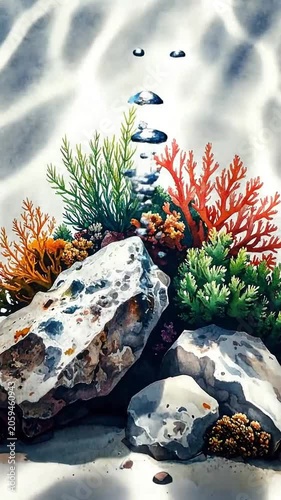 A vibrant underwater scene featuring colorful coral and large rocks