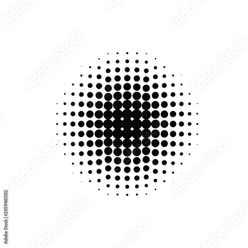 Circular halftone pattern with black dots of varying sizes, creating a gradient effect that is dense in the center and sparse at the edges