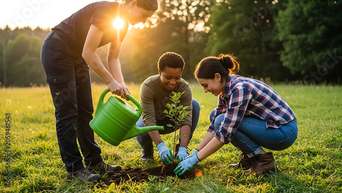 People Planting Tree Together at Sunset Environmental Care.