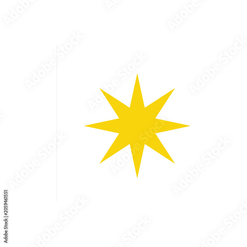 Eight pointed yellow star shape, geometric sunburst on a white background, simple for decoration or
