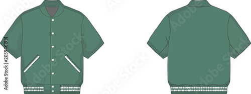 Front and back view of a green short-sleeved bomber jacket with white buttons and striped ribbed cuffs, isolated on a white background layout