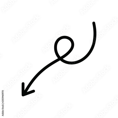 Hand drawn black curly arrow pointing down and to the left, isolated on a white background, for navigation or, pointing at specific