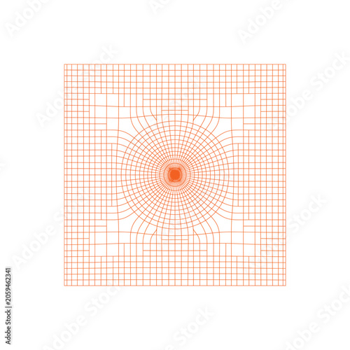 Orange grid pattern with a circular distortion effect in the center on a white background, for geometric background textures