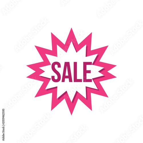 Pink starburst speech bubble sticker with the word sale written in dark purple, isolated on a white background, for retail marketing