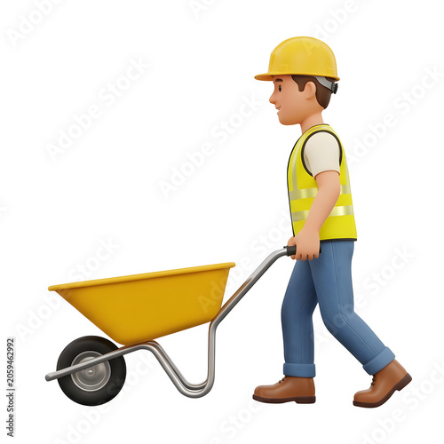 Cartoon construction worker pushing wheelbarrow
