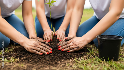 Hands Planting Tree Together Community Gardening Nature Conservation.