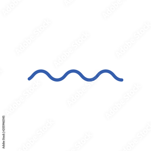 Simple blue wavy line representing water, ocean waves, sound frequency, or rhythmic motion on a plain white background surface