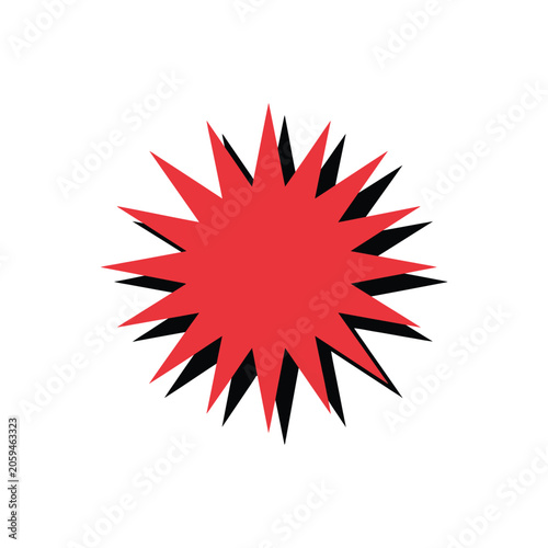 Red starburst shape with a black drop shadow, jagged edges, vibrant isolated on a clean white background, for emphasis