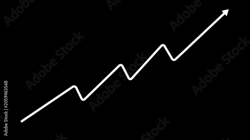 Dynamic rising stock market graph line with growth arrow trend on black background