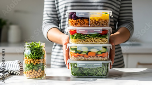 Healthy Meal Prep Containers Stacked with Fresh Food and Jar.