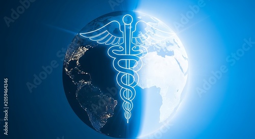 Global healthcare concept with a glowing caduceus symbol over a world map showing day and night