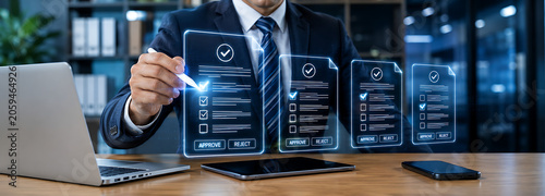 Businessman approving digital documents with stylus on glowing interface during office work