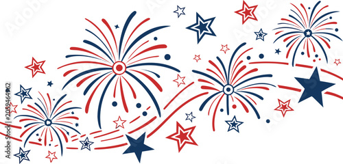 Red and blue fireworks and stars festive border design