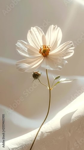 A single delicate white flower stands in soft morning light