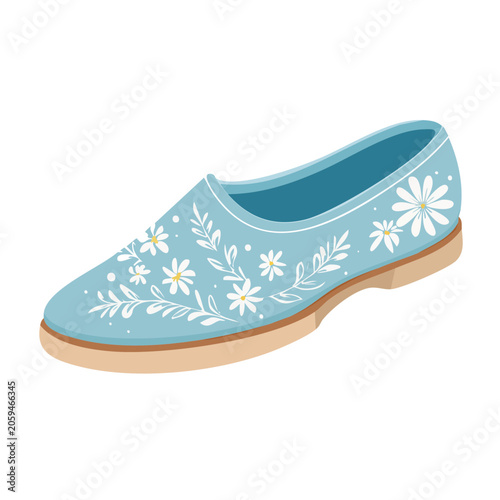 Light blue flat shoe with white floral pattern illustration
