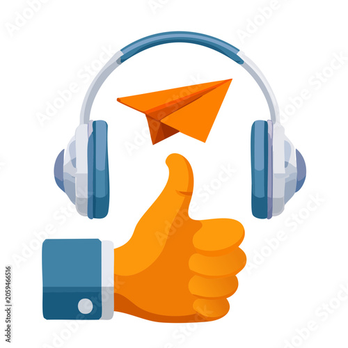 Thumbs up hand with headphones and paper plane illustration