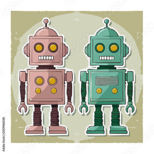 Two cartoon robots in flat design style