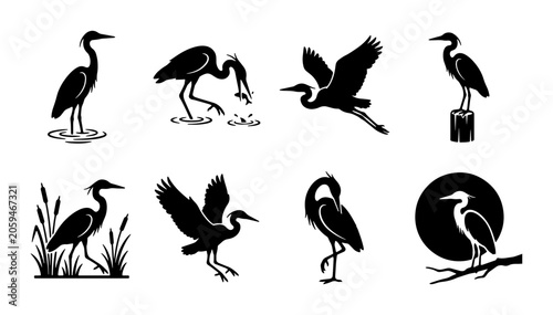 Canvas Print Heron Bird Vector Silhouettes, Elegant Wildlife Icons, Graceful Waterfowl Poses,