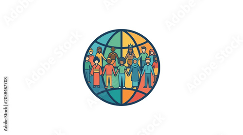 Diverse people holding hands around a colorful globe illustration, unity and global community concept