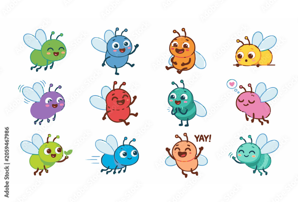 Fototapeta premium Cute Cartoon Fly Character Vector Set with Colorful Happy Playful Expressions Green Blue Red Purple Kawaii Insect Icons